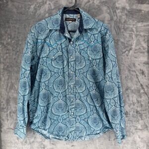 Stetson Mens Long Sleeve Western Shirt Blue Paisley Print‎ Cotton Size Medium